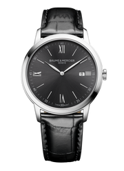 Quadrante color ardesia satinato sunray con indici in numeri romani e datario a finestrella a ore 3 dell'orologio Baume & Mercier Classima 10416